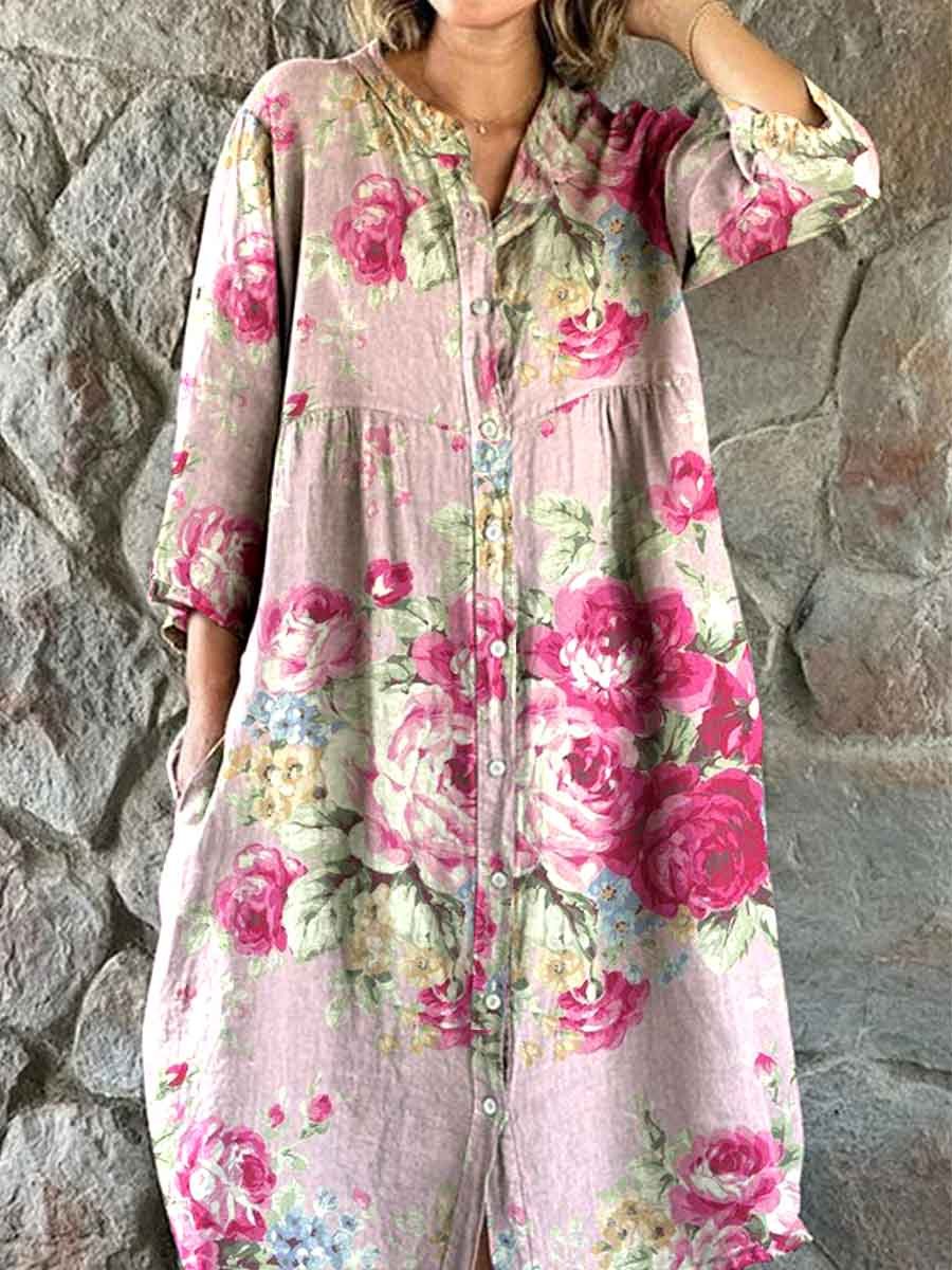 Women's Elegant Simple Rose Floral Pattern Shirt Style Cotton and Line