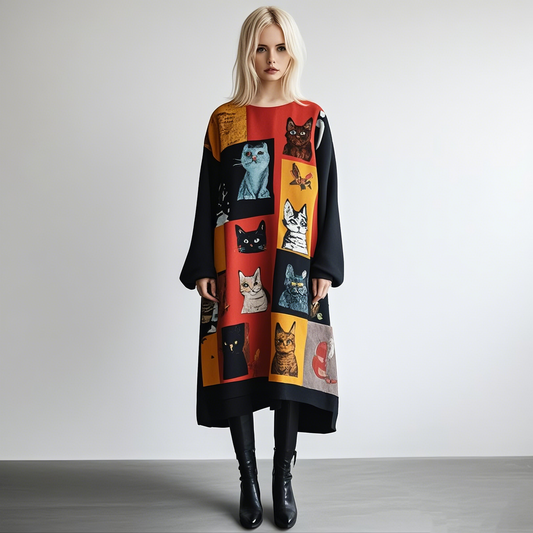 Pop Art Cat Patchwork Pattern Design Long Sleeves Midi Dress elevenforest
