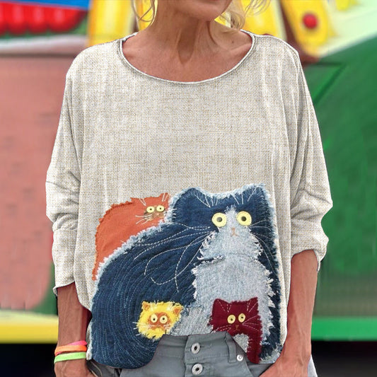 Vintage Embroidered Cat Women's Cozy Linen Crew Neck T-shirt elevenforest