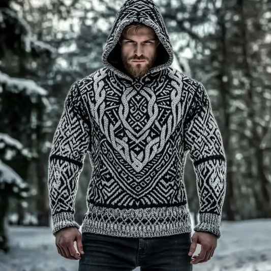 Men's Viking Jacquard Celtic Style Cozy Knit Hooded Sweater elevenforest