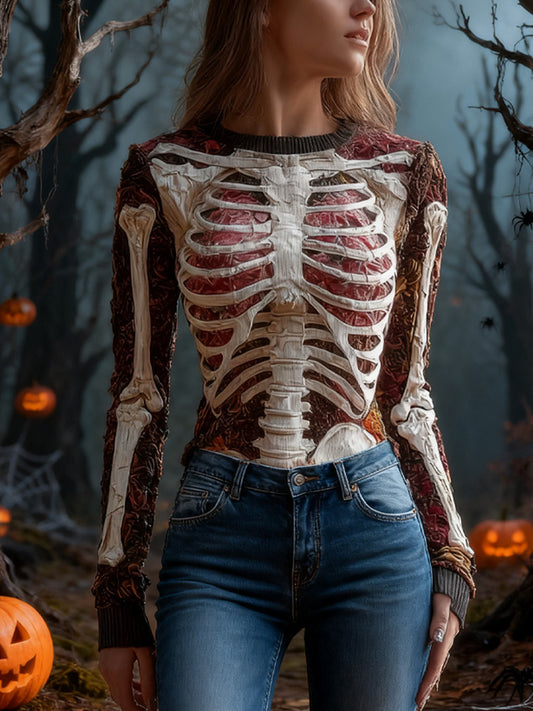 Comstylish Women's Halloween Retro Skeleton Print Top