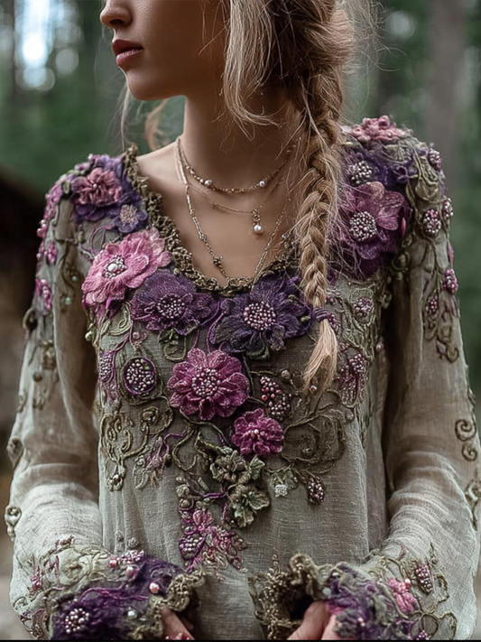 Comstylish Bohemian Style Round Neck Long Sleeve 3d Purple Flower Design Cotton And Linen Top For Women