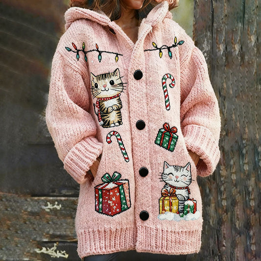Women's Christmas Cat Embroidery Cozy Knit Hooded Sweater Cardigan elevenforest