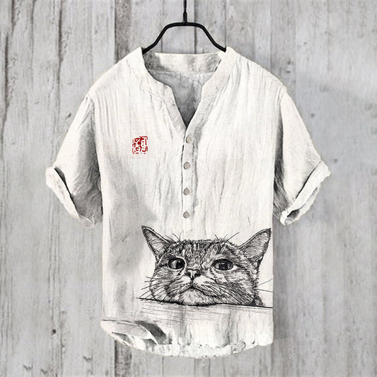 Vintage Cute Cat Print V-Neck Linen Blend Shirt elevenforest