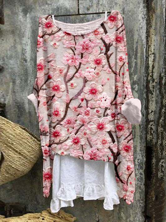 Comstylish Cherry Blossom Embroidered Linen Blend Tunic