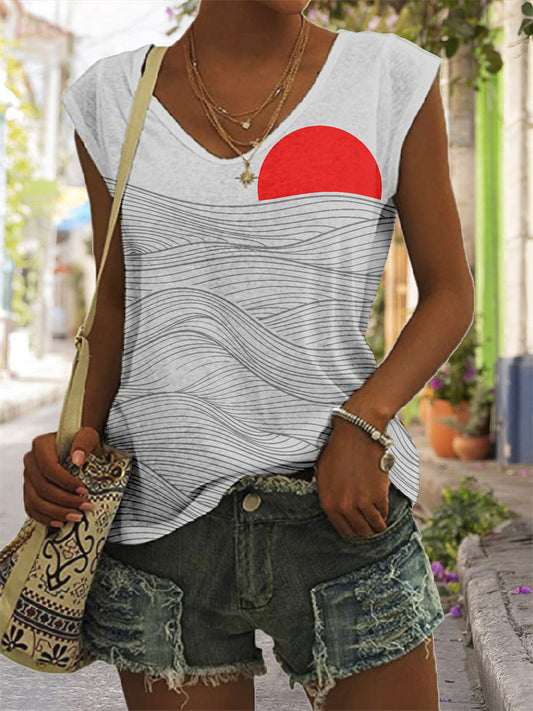 Comstylish Vintage Japanese Waves & Sun Art V Neck Tank Top