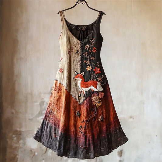 Vintage Fox Floral Embroidered Gradient Patchwork Linen Dress artswardrobe