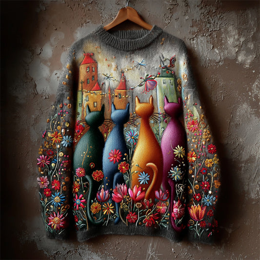 Comstylish Boho Colorful Cats Floral Embroidered Cozy Knit Sweater
