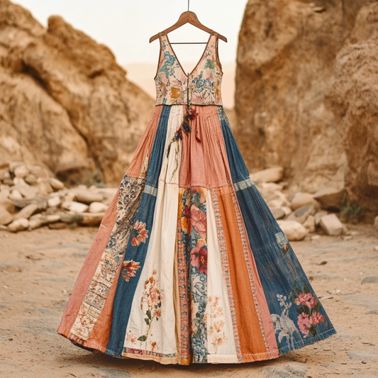 Women's Vintage Bohemian Floral Patch V-neck Cotton And Linen Dress artswardrobe