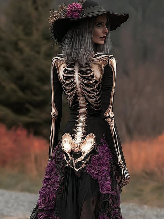 Comstylish Halloween Anatomy Art Purple Flower Long Sleeve Long Dress