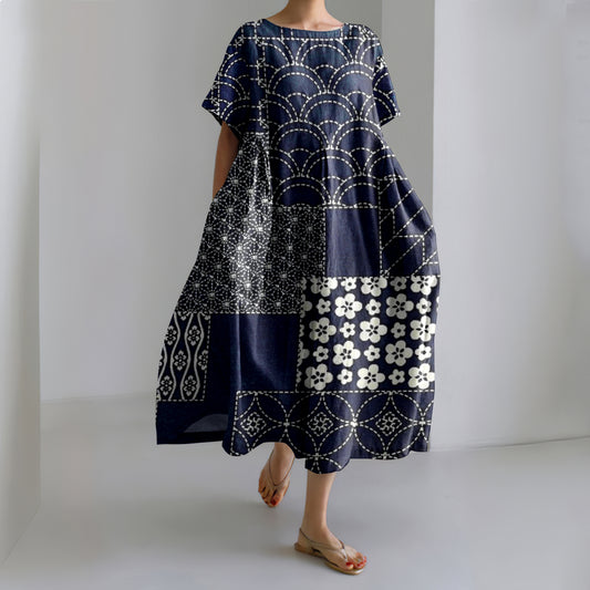 Comstylish Vintage Japanese Indigo Blooming Traditional Sashiko Patchwork Art Printed Crew Neck Casual Midi Dress