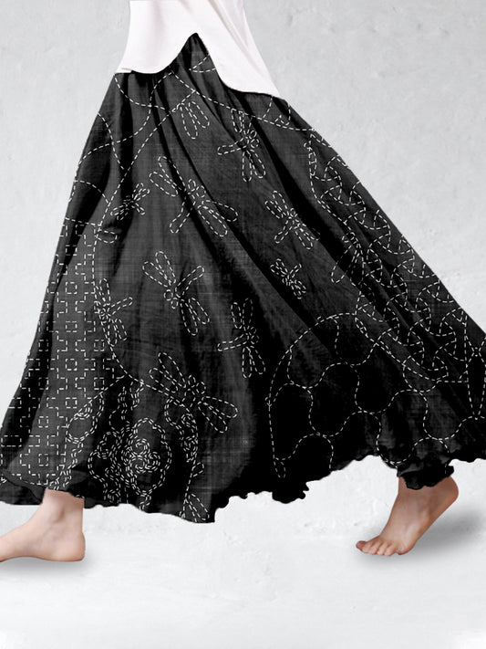 Comstylish Vintage Japanese Sashiko Linen Blend Flowy Wide Skirt