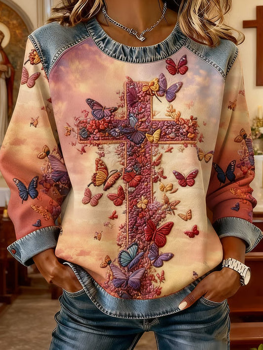 Comstylish Women's Faith Art Pattern Patchwork Casual Sweatshirt