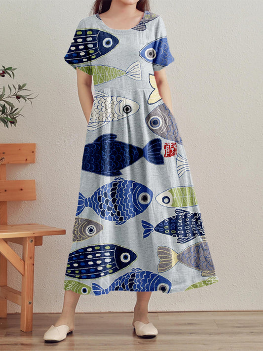 Comstylish Vintage Fish Japanese Art Linen Maxi Dress