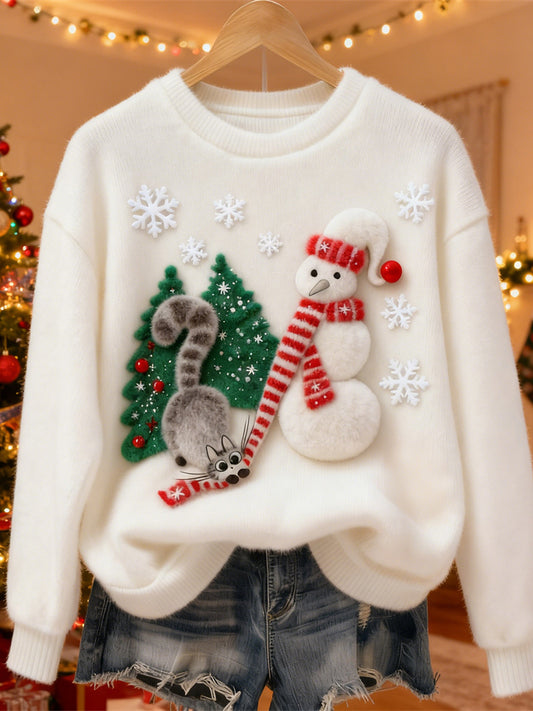 Comstylish Christmas Snowman & Cat Art Women's Soft Plush Sweater