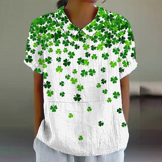 Comstylish St. Patrick's Day Clover Print Lapel Linen Blend Blouse
