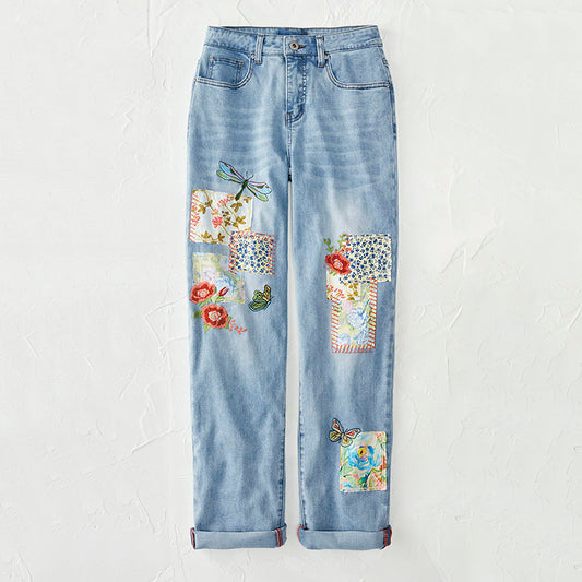 Comstylish Vintage Floral Dragonfly Patch Embroidery Art Design Jeans