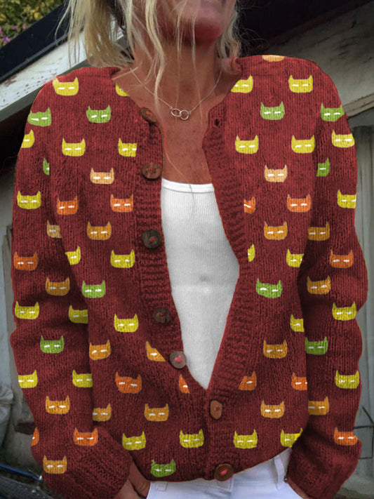 Colorful Cat Face Pattern Cozy Knit Cardigan elevenforest