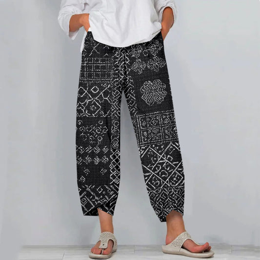 Comstylish Vintage Japanese Sashiko Art Cropped Casual Linen Pants
