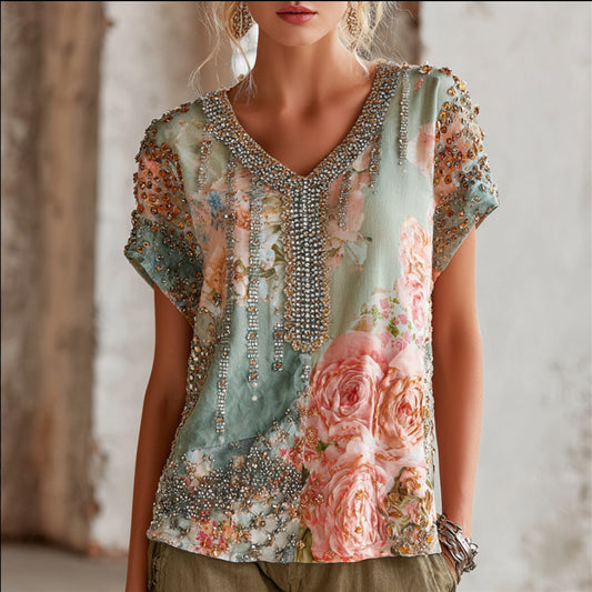 Bohemian Style Pink Rose Diamond Mint Green V-neck Short-sleeved Shirt artswardrobe