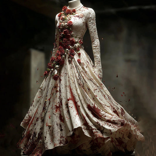 Comstylish Vintage Halloween Bloody Red Roses Skull Linen Maxi Dress