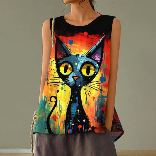 Comstylish Women's Retro Oil Painting Pop Cat Tank Top