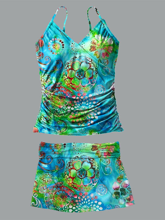 Anemone Flower V-Neck Vintage Flowers Print Suspender Skirt Tankini Pantskirt Set Swimsuit