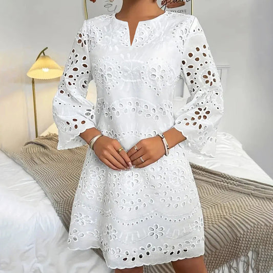 Elegant Lace Embroidery Art Long Sleeve V-neck Midi Dress artswardrobe