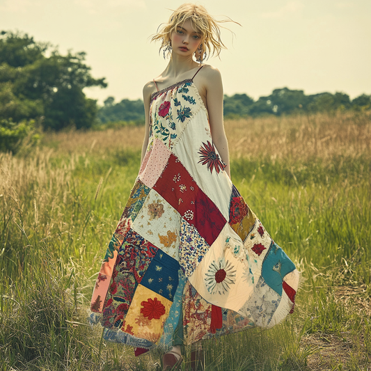 Women's Vintage Folk Floral Patchwork Art Suspender Dress artswardrobe