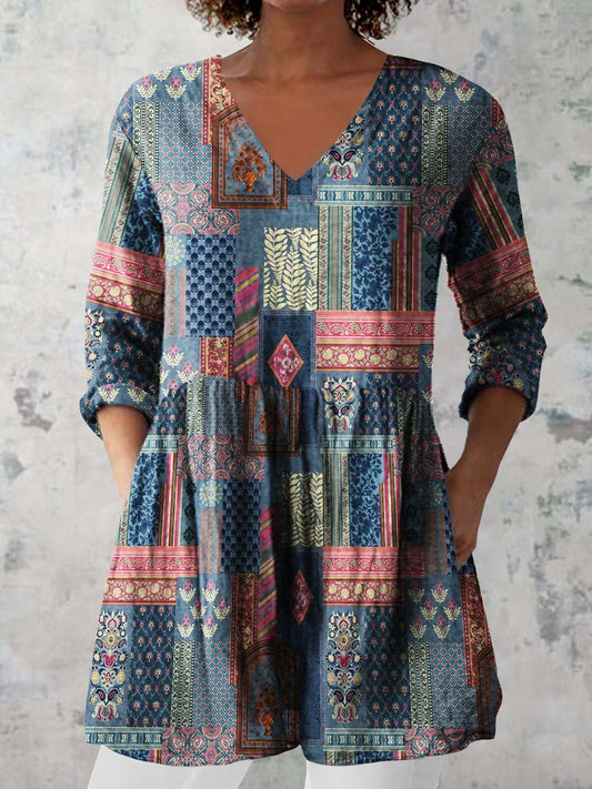 Women's Retro Floral Art Print Casual Cotton And Linen V-neck Top