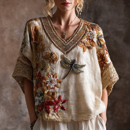 Bohemian Style Three-dimensional Dragonfly Embroidery Linen Texture Vintage V-neck Short-sleeved Shirt