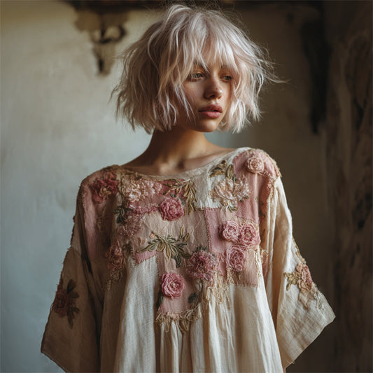 Cottage Pink Roses Embroidered Patchwork Linen Shirt artswardrobe