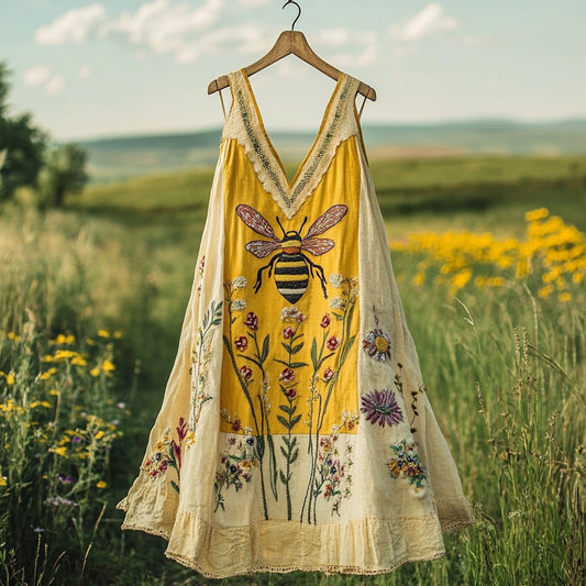 Women's Vintage Bees And Floral Design V-neck Mini Dress artswardrobe