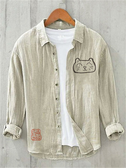 Japanese Art Cat Print Cozy Cotton Linen Shirt elevenforest