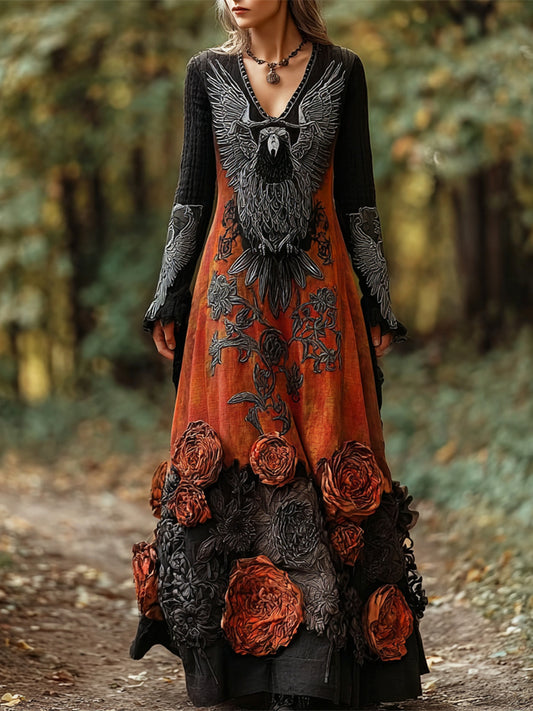 Comstylish Halloween Vintage Rose Raven Dark Art Women's V-neck Long-sleeve Maxi Dress