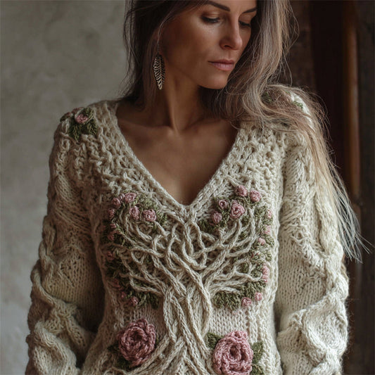 Vintage Pink Roses Tree Of Life Celtic Chunky Sweater elevenforest