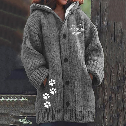 Comstylish Cat Print Long Sleeved Knitted Hooded Cardigan