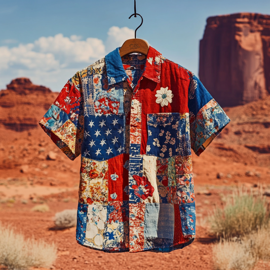 Men's Independence Day America Blue Red With Floral Patchwork Pattern Art Casual Short Sleeve Shirts artswardrobe