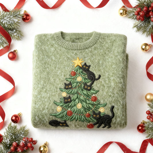 Comstylish Cute Black Cat Christmas Tree Cozy Knit Sweater