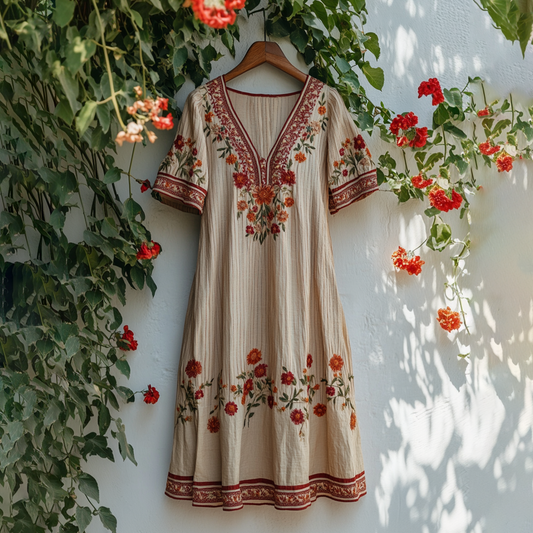 Women's Vintage Embroidered Flower V-neck Loose Midi Dress artswardrobe