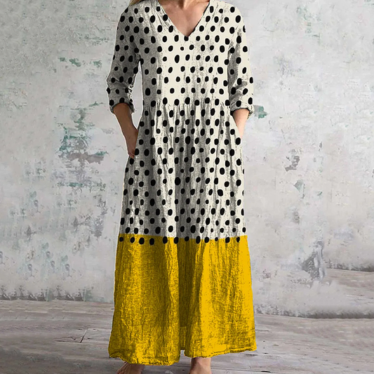 Vintage Polka Dots With Contrast Colors Art Pattern Women's Linen Dress artswardrobe