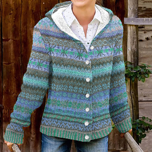 Ethnic Print Retro Hooded Button Knit Cardigan elevenforest