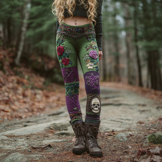 Women's Vintage Skull And Rose Patchwork Comfortable Leggings artswardrobe