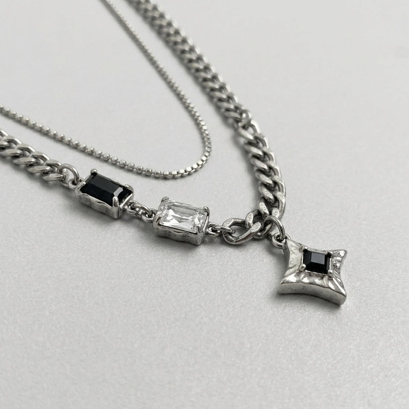 Double Layer Crystal Baguette & Star Charm Necklace