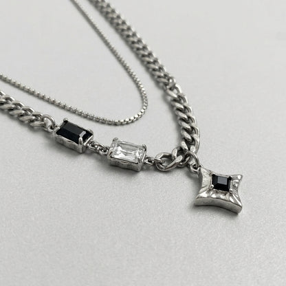 Double Layer Crystal Baguette & Star Charm Necklace