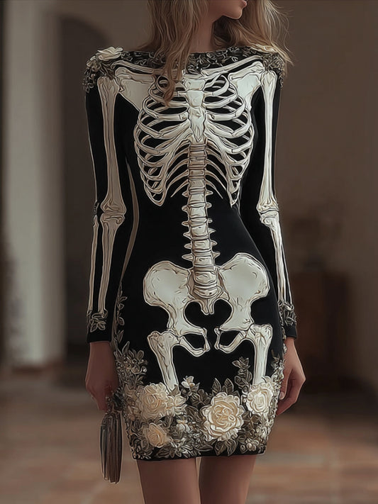 Comstylish Women Halloween Human Anatomy Art Flower Round Neck Black Dress