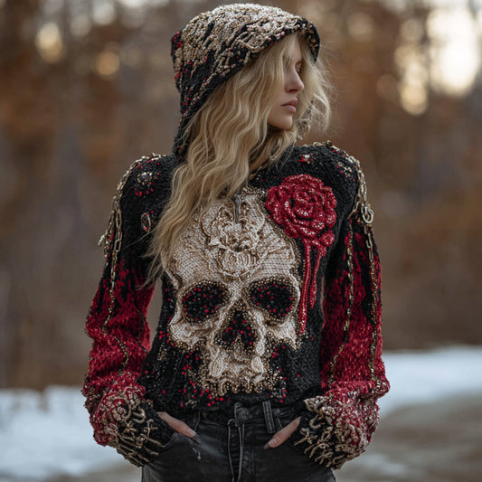 Women's Halloween Anatomy Art And Flower Gradient Knitted Hoodie Sweater artswardrobe