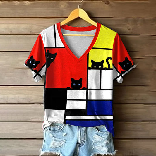 Comstylish Women's Retro Funny Animal Cat Print Short Sleeve T-shirt