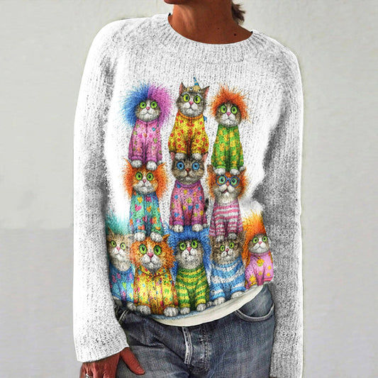 Trendy Stacked Cat Print Women's Sweater elevenforest