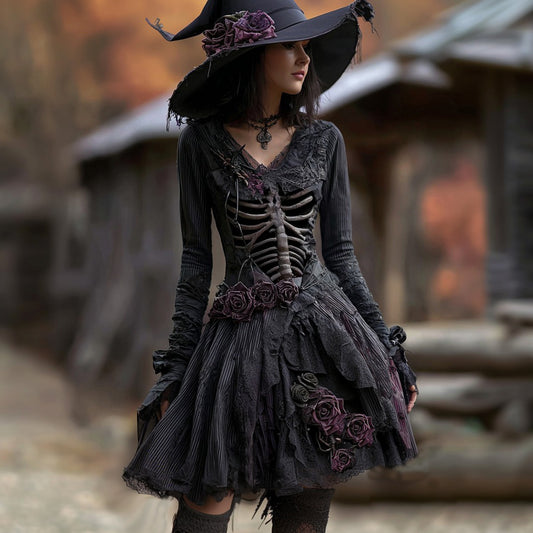 Comstylish Women's Halloween Rose Skeleton Gothic Witch Midi Dress